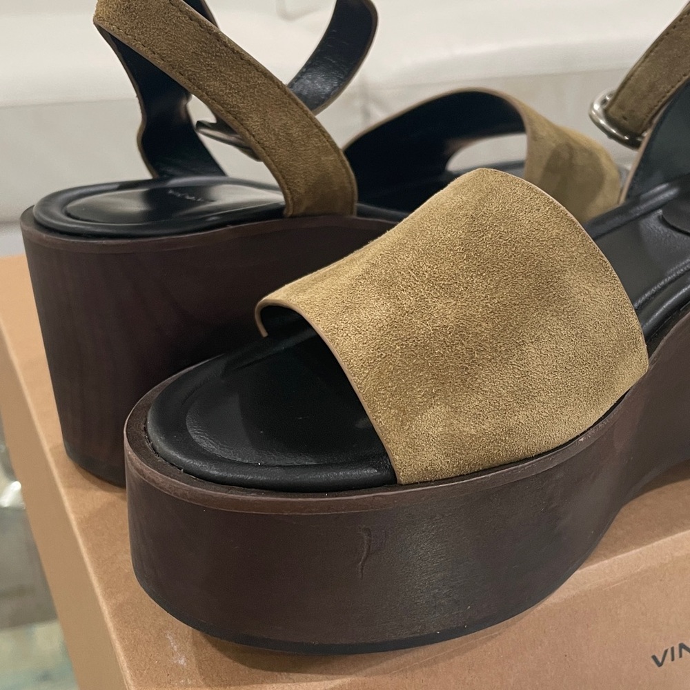 NIB Vince Camuto Philipa olive wood khaki tan suede flatform ankle strap size 7 - Picture 15 of 16